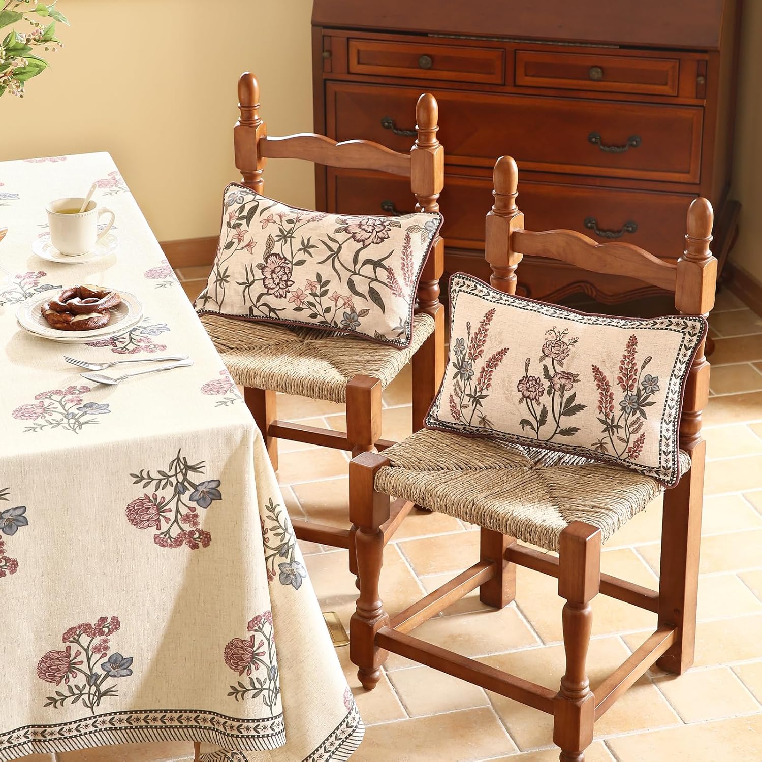 ISAENNE Design Linen Vintage Throw Pillow Covers 12"x20", Rectangle Cushion Covers with Red Purple Flowers Green Leaves Pattern Decoration Pillowcases for Bed,Living Room,Outdoor,Car