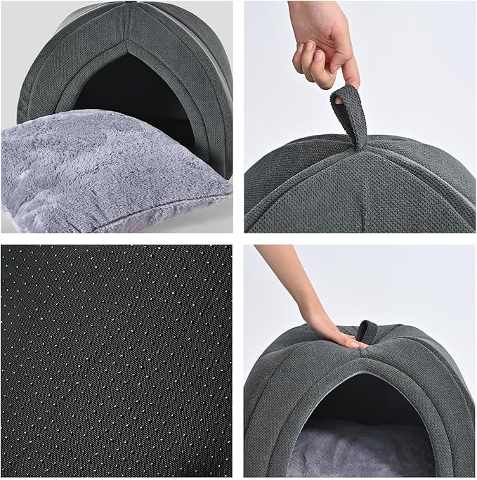 Amazon Basics Cat Cave Bed, 2-in-1 Foldable House for Indoor Cats, with Washable Cushion and Non-Slip Base, 17.5 x 17.5 Inches, Large