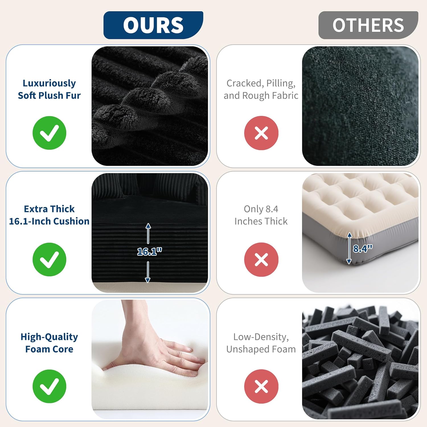 61" Oversized Chaise Lounge Chair Indoor, Boneless Couch Cloud Fluffy Chaise Lounges Corduroy Upholstered Sofa Bed w/Throw Pillows for Living Room Home Black