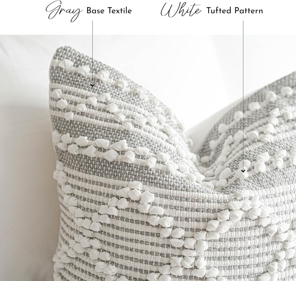 BlissBlush Gray White Decorative Throw Pillow Cover 22X22, Boho Accent Pillow for Couch, Square Modern Farmhouse Pillowcase for Living Room Couch Sofa Cushion Home Décor (Pack of 1)