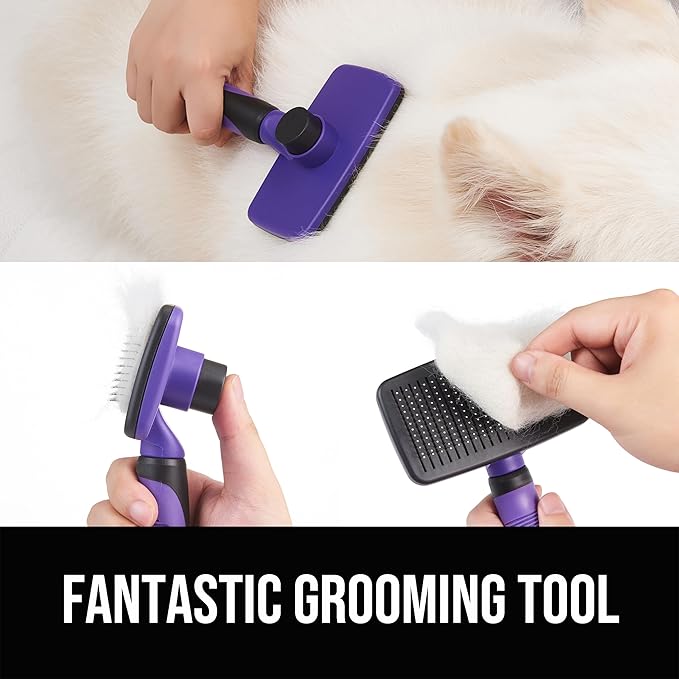 Self Cleaning Slicker Brush for Dogs& Cats, Skin Friendly Grooming Brush for Shedding Long&Short Haired Dogs& Cats, Deshedding Pet Supplies Accessories, Purple