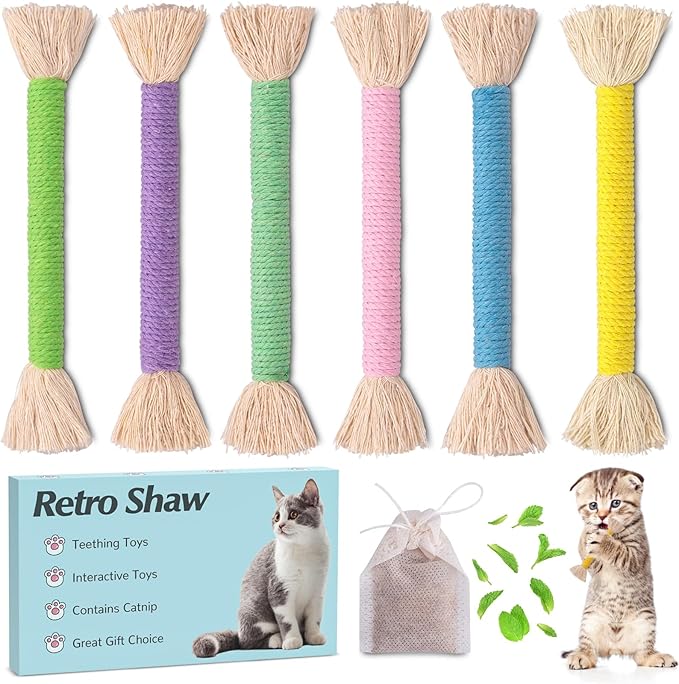 Retro Shaw Kitten Toys Catnip Ropes Cat Chew Toys, 6 Pack, Kitten Teething Toys for Indoor Cats Kitty, Safe Kitty Kicker Sticks Dental Toy
