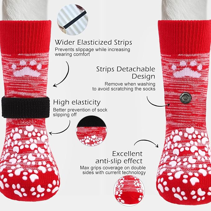 EXPAWLORER Anti Slip Dog Socks to Prevent Licking Paws, Dog Shoes for Hot Pavement, Dog Booties for Small Medium Large Senior Dogs, Traction Control Dog Boots & Paw Protectors for Hardwood Floors-Red