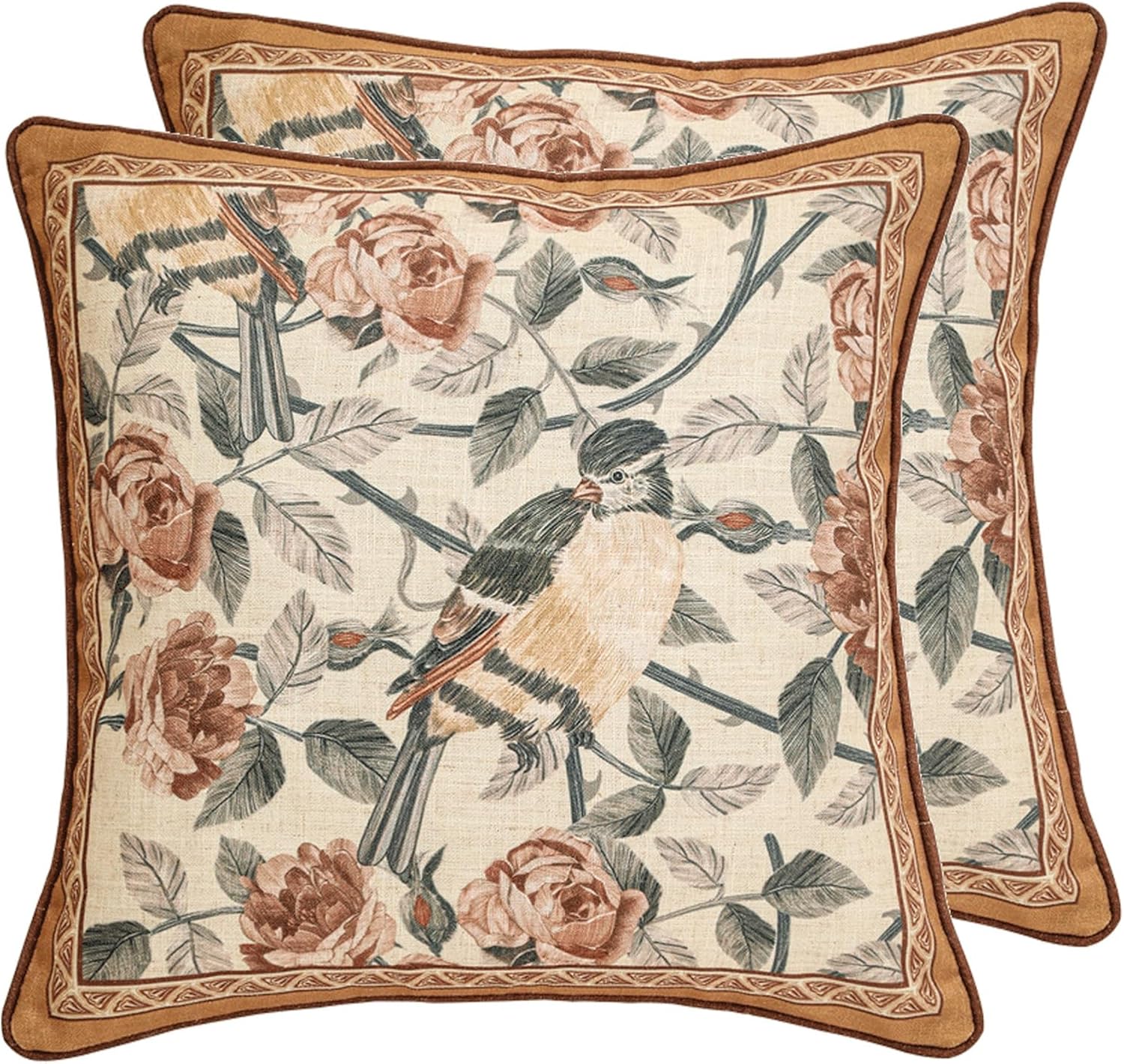patdrea Designer Vintage Floral Throw Pillow Covers for Couch Set of 2,Brown Linen Pillowcases with Bird and Rose Pattern Decorative Square Cushion for Bed Living Room Outdoor Cafe Car,18"x18"