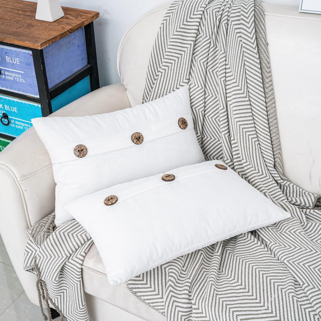 HWY 50 White Chenille Throw Pillow Covers 12x20 Inch with Triple Buttons, Soft Farmhouse Accent Decorative Cushion Cases for Couch Sofa Bed Living Room Pack of 2 Rectangle