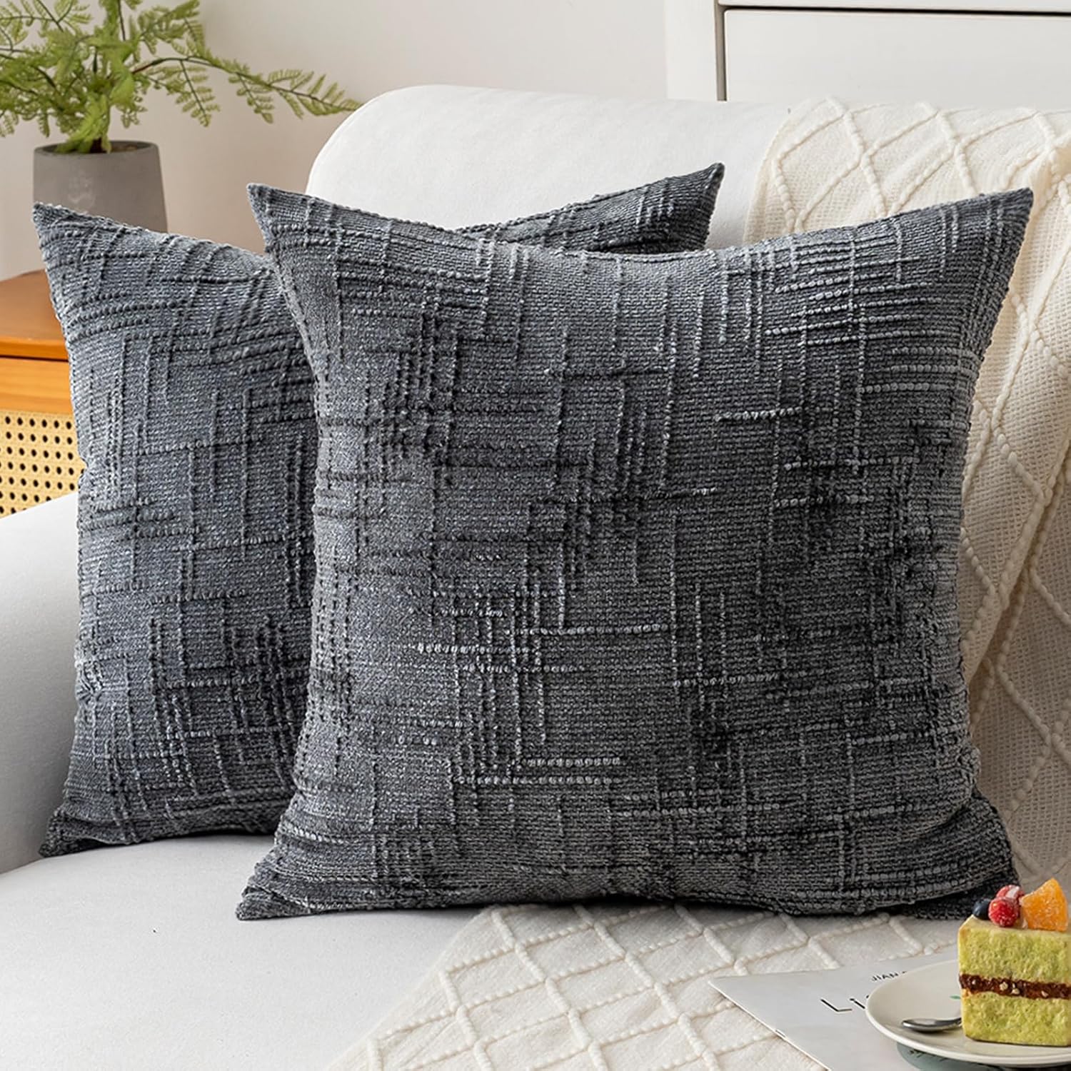 Decorative Throw Pillow Covers 20x20 Inch Set of 2, Soft Solid Farmhouse Chenille Couch Pillows, Spring Pillow Covers for Couch Sofa Bed Living Room Home Decor Pillowcase, Dark Gray