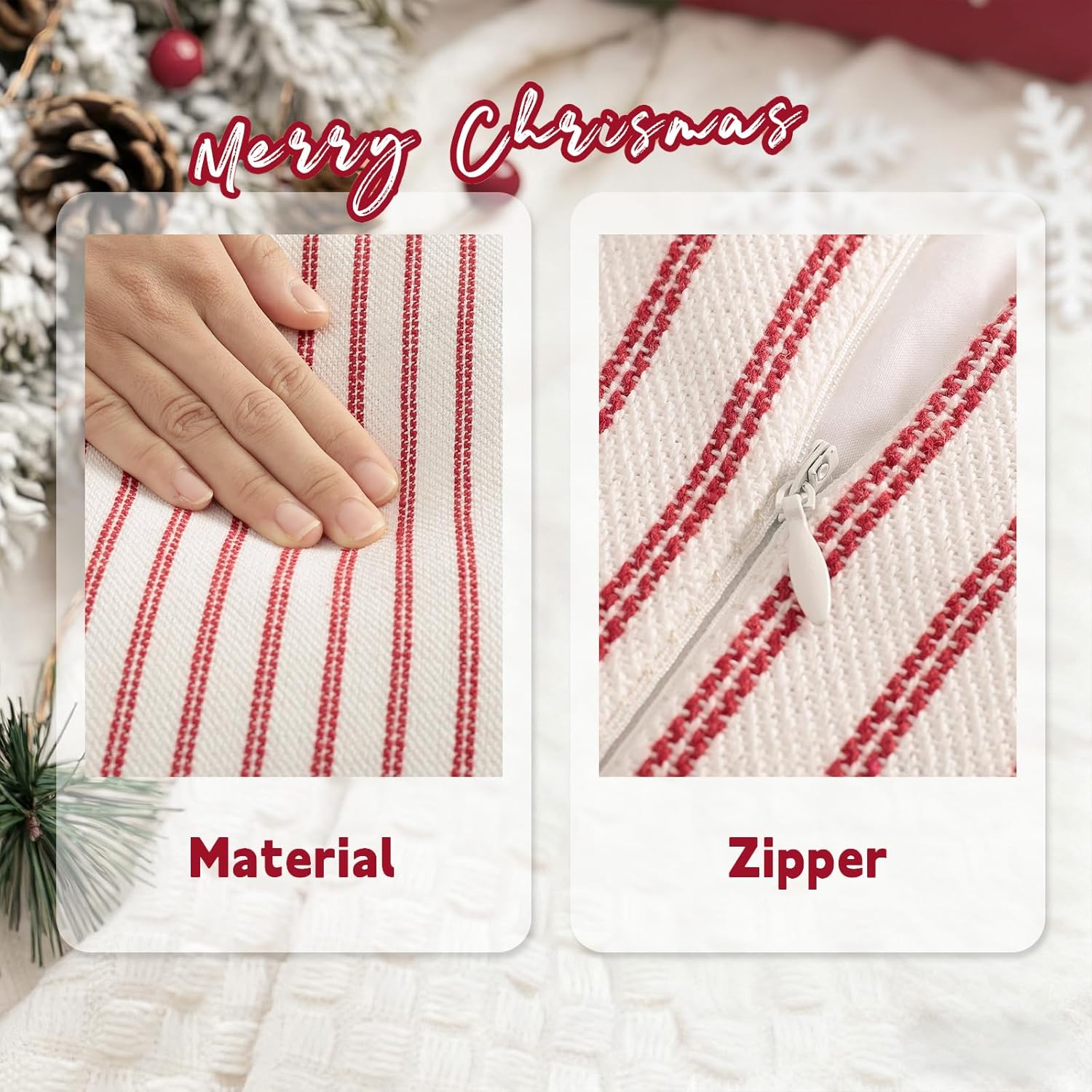 ZWJD Throw Christmas Pillow Covers 24x24 Set of 2 Striped Pillow Covers with Fringe Chic Cotton Decorative Pillows Square Cushion Covers for Sofa Couch Bed Living Room Farmhouse Decor