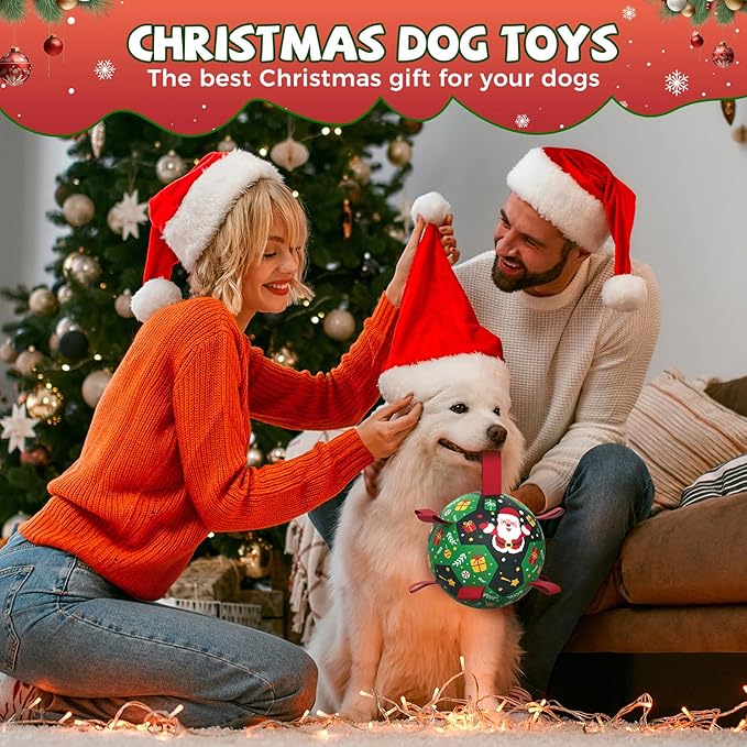 QDAN Christmas Dog Toys: Soccer Ball with Straps for Outdoor Play, Tug of War- Dog Birthday Gift, 8 Inch Balls for Medium & Large Dogs