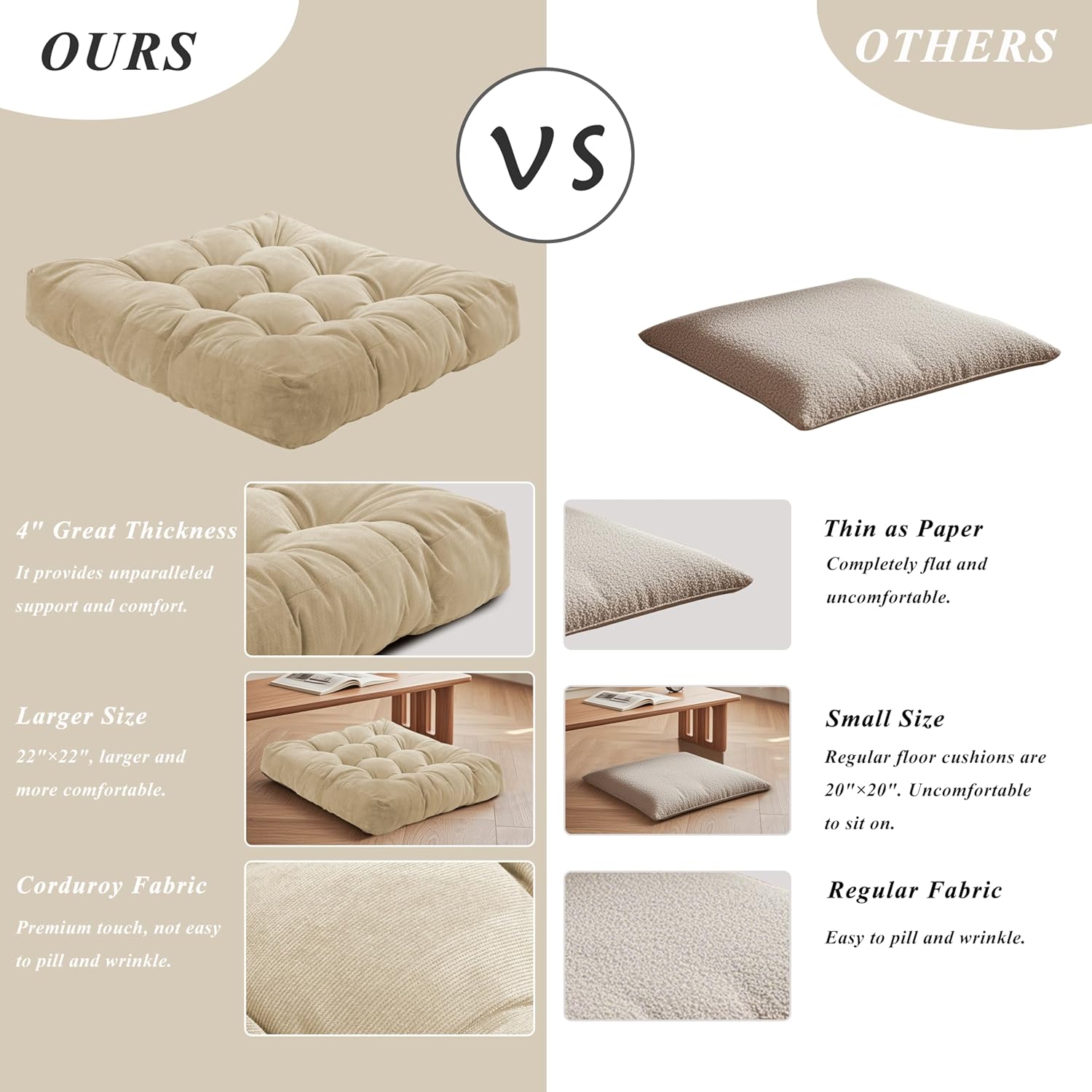 Meditation Floor Pillow 22×22 Inch 1 Pack Large Floor Cushions for Adults Square Tufted Corduroy Floor Pillows for Yoga Living Tatami Room Beige