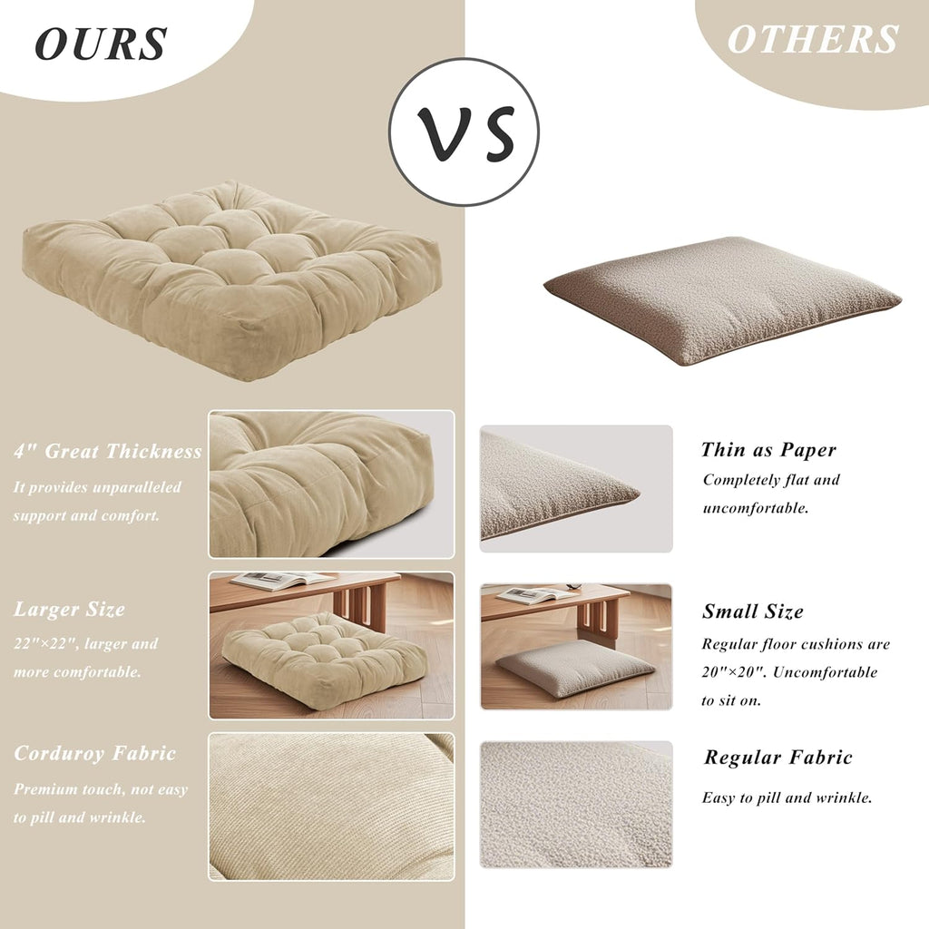 Meditation Floor Pillow 22×22 Inch 2 Pack Large Floor Cushions for Adults Square Tufted Corduroy Floor Pillows for Yoga Living Tatami Room Beige