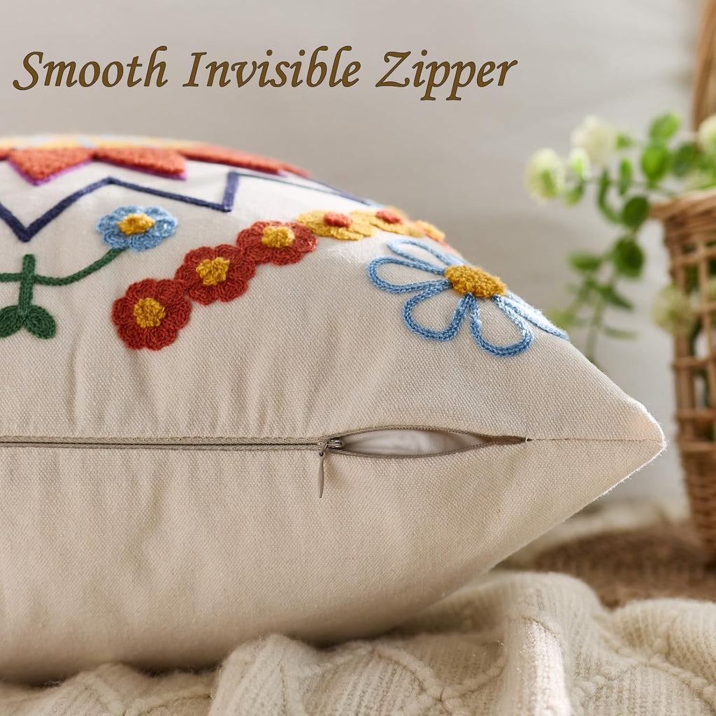 Embroidered Throw Pillow Cover 22x22 Classic Boho Floral Pattern Pillows Cover Outdoor Decorative Pillowcase,Durable Cozy Textured Cushion Case for Sofa Couch Bed Living Room,Orange