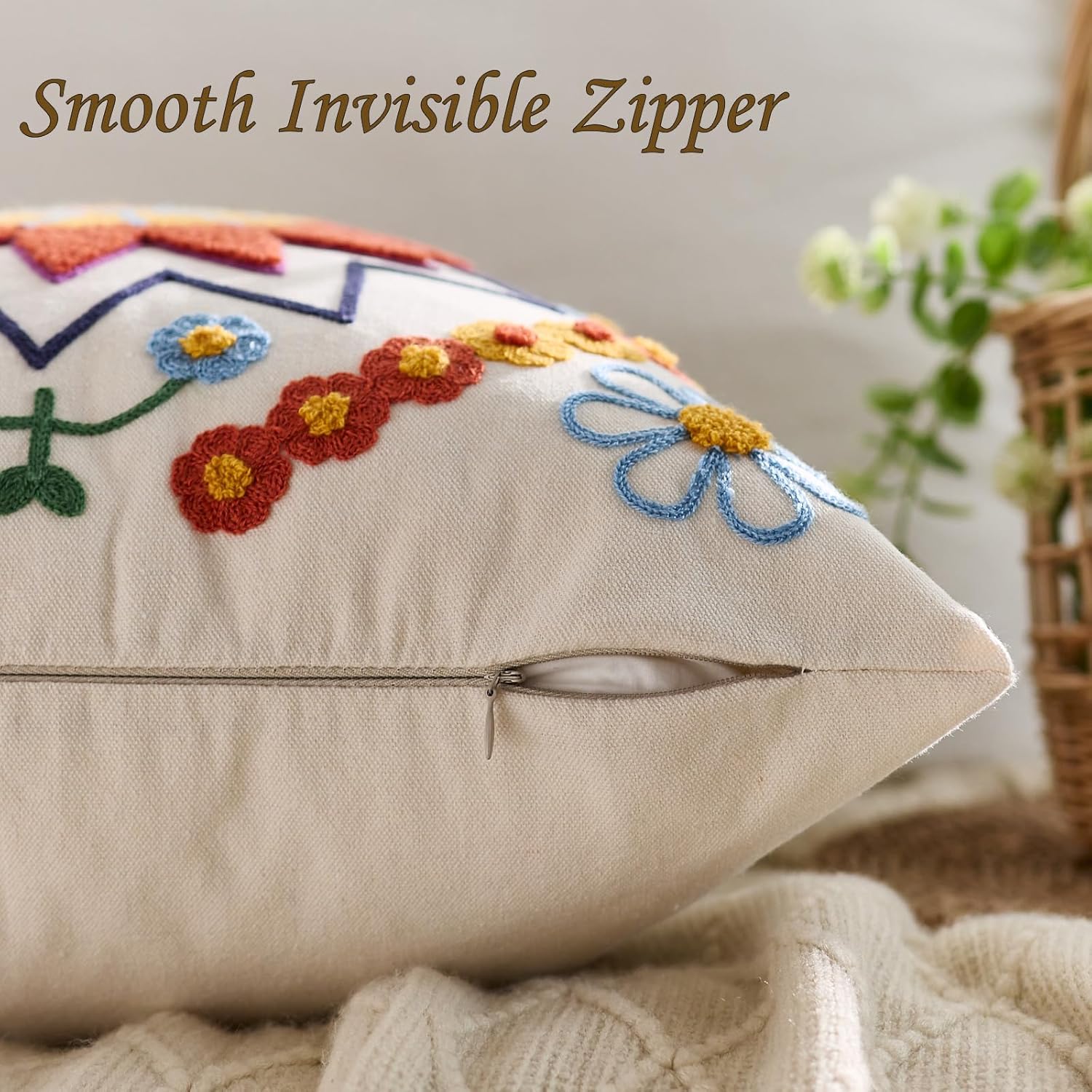 Embroidered Throw Pillow Cover 18x18 Classic Fall Boho Floral Pattern Pillows Cover Outdoor Decorative Pillowcase,Durable Cozy Textured Cushion Case for Sofa Couch Bed Living Room,Orange