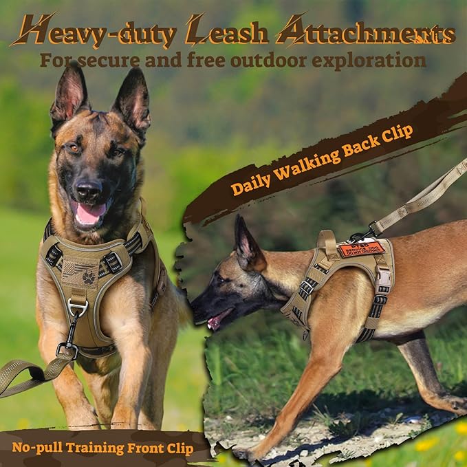 rabbitgoo Dog Harness Medium Sized No Pull, Tactical Service Pet Vest with Molle and Control Handle, Adjustable and Reflective Military Harness for Easy Walking and Training, Brown, M