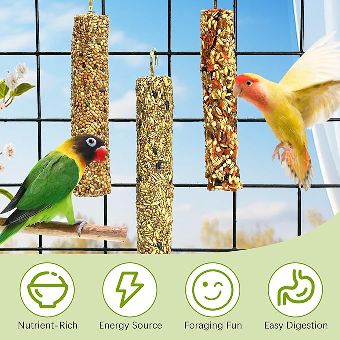 Fhiny Parakeet Treats, 6 PCS Natural Bird Crunch Sticks Grains & Vegetable Budgie Snacks Cockatiel Food Sticks Long-Lasting Chewing Toys for Parakeet Cockatiel Budgie Conure Parrot Lovebird Finch