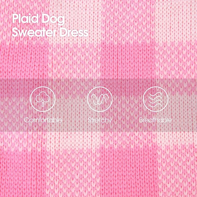 Dog Sweater Dress Plaid Knitwear for Small Medium Dogs Warm Puppy Pet Turtleneck Stretch Pullover Cute Fall Winter Vest Clothes with Leash Hole for Christmas (Pink, 2XS)