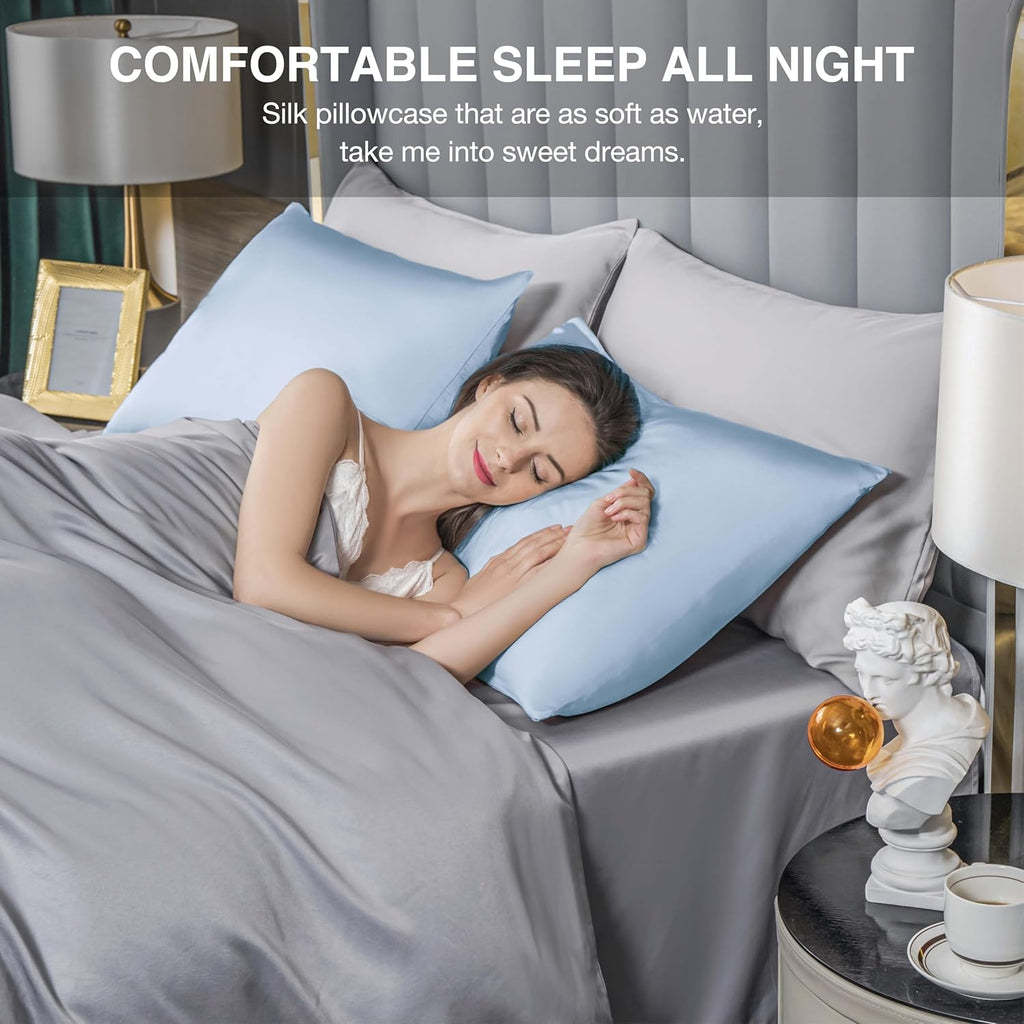 Mulberry Silk Pillowcase for Hair and Skin,Cooling Silk Pillow Case with Hidden Zipper,Allergen Proof Dual Sides Soft Breathable Smooth Silk Pillow Cover for Women (Light Blue,Body)