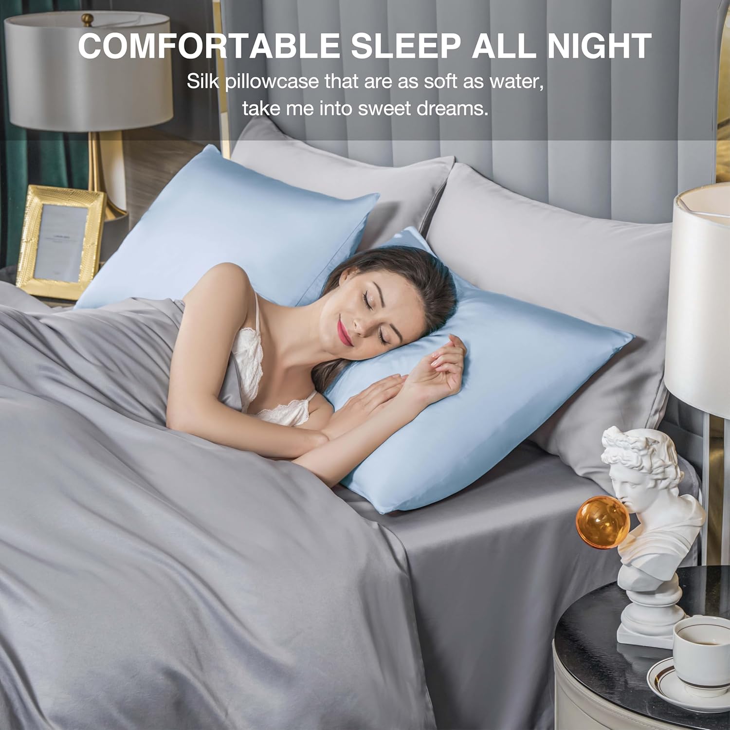 Mulberry Silk Pillowcase for Hair and Skin,Cooling Silk Pillow Case with Hidden Zipper,Allergen Proof Dual Sides Soft Breathable Smooth Silk Pillow Cover for Women (Light Blue,Standard)