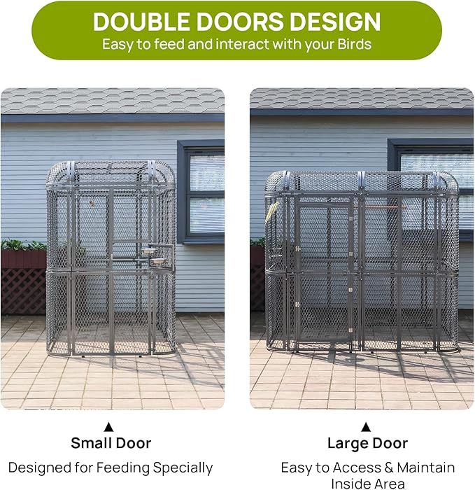 Large Metal Walk-in Cage 77-inch Heavy Duty Bird Cage Outdoor Diamond Grid Aviary Parrot Cage Wide Flight Metal Birdcage for Macaw Budgie Conure Lovebird Parakeet Cockatiel, 6.4x3.87x5.91ft, Silver