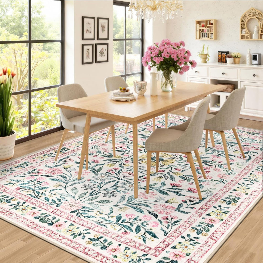 8x10 Area Rugs for Living Room: Floral Washable Rug Vintage Large Soft Boho Non-Slip Carpet Indoor Stain Resistant Low Pile Carpets for Bedroom Dining Room Farmhouse Nursery Home Office Pink Green