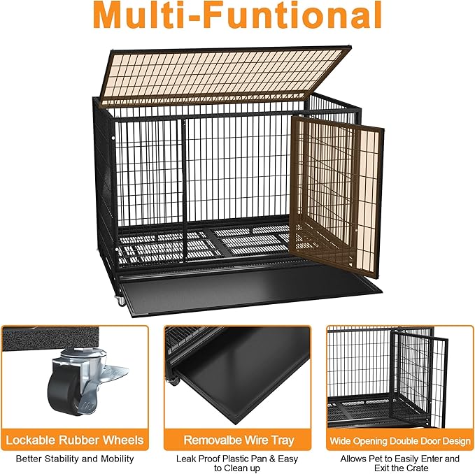 48/37 inch Heavy Duty Wire Dog Crate Cage Kennel for Large Dogs, High Anxiety Dog Crate with Removable Crate Trays, Wheels and Double Door, Extra Large XL XXL