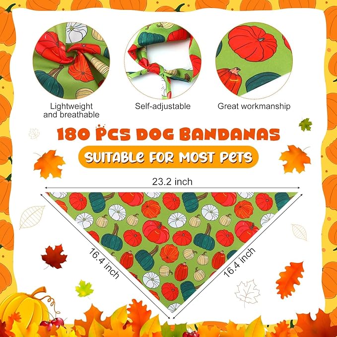 Aliceset 180 Pcs Fall Dog Bandanas Bulk Thanksgiving Bandana for Dog Adjustable Washable Pet Triangle Scarf Cute Kerchief Scarves for Pet Autumn Party Costume Accessories Decorations
