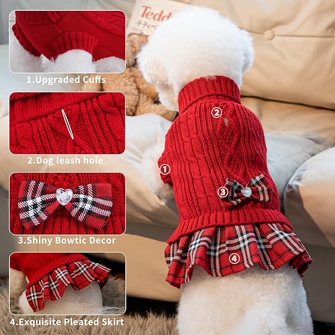WOYYHO Girl Dog Sweater Dress with Bowtie Turtleneck Small Dogs Sweater with Leash Hole, Knitted Small Dog Sweaters Dress Puppy Winter Clothes for Yorkies Chihuahua (Large, Red)
