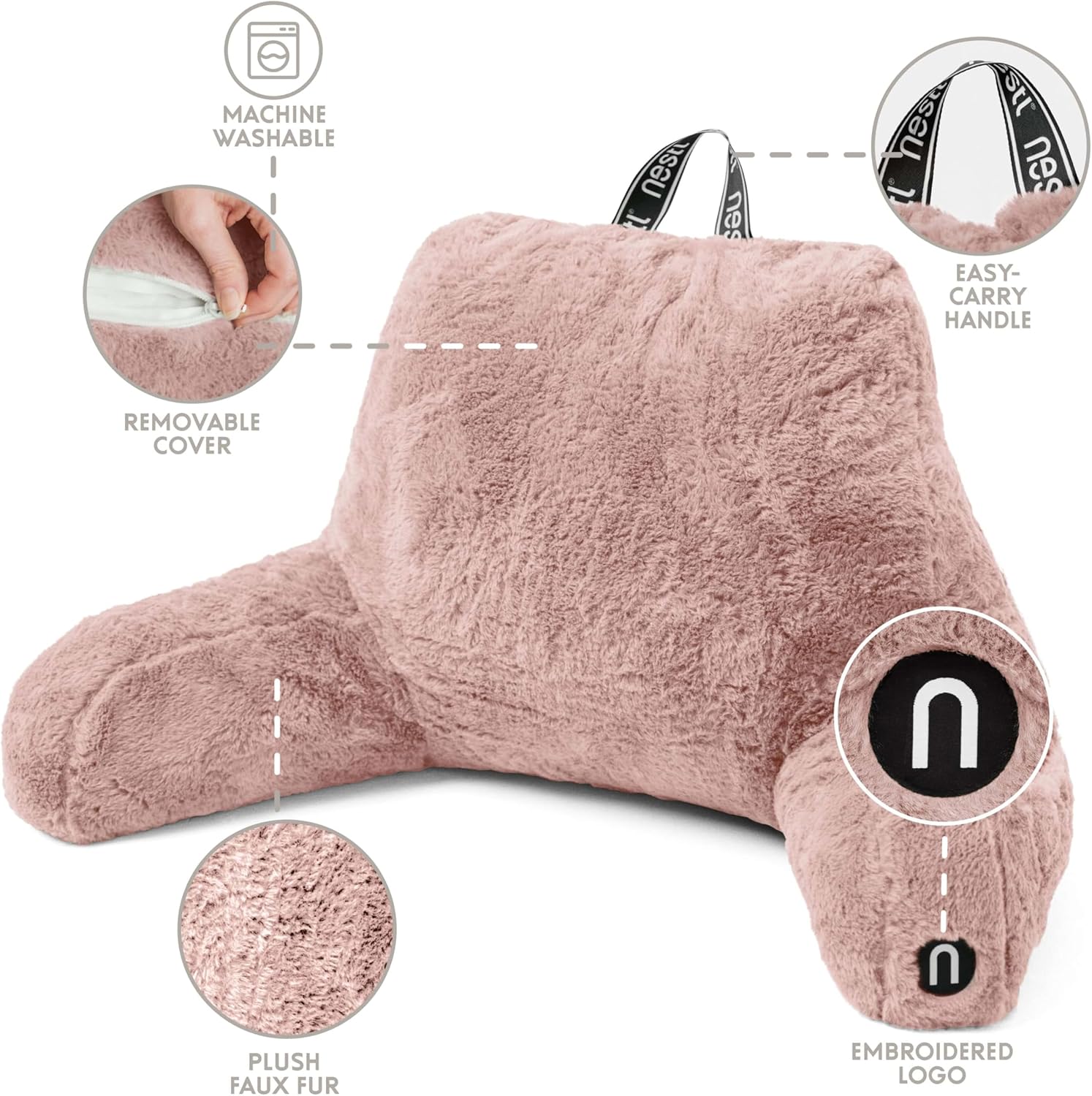 Nestl Fur Reading Pillow with Laptop Lap Desk, Stylish Back Pillow for Sitting Up, Lap Desk with Reading Pillows for Sitting in Bed Adult & Kids, Faux Fur Chair Pillow with Arms - Peach Beige