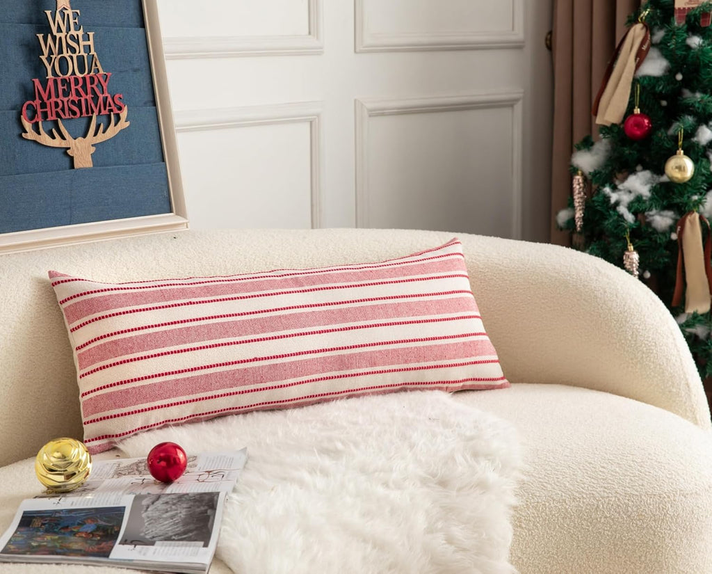 Christmas Lumbar Pillow Covers, Boho Textured Long Accent Pillow Case, Red Pillow Covers 14 x 36 Inch Christmas Decorative, Chair Sofa Bedroom Living Room Home Decor Cushion Case, Pack of 1