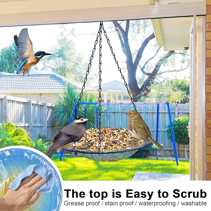 Hanging birdbath, Outdoor Glass birdbath, Bird Feeder with Blue-Orange Texture Pattern for Garden Patio Decoration