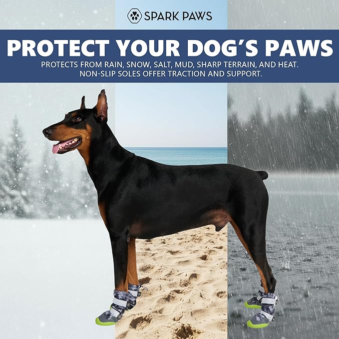 Spark Paws Dog Shoes, Waterproof Dog Boots for Medium to Large Dogs, Non Slip, Breathable Dog Booties and Paw Protectors - 4PCS Doggie Hiking Boots with Reflective Straps, Gray Camo, Size 4