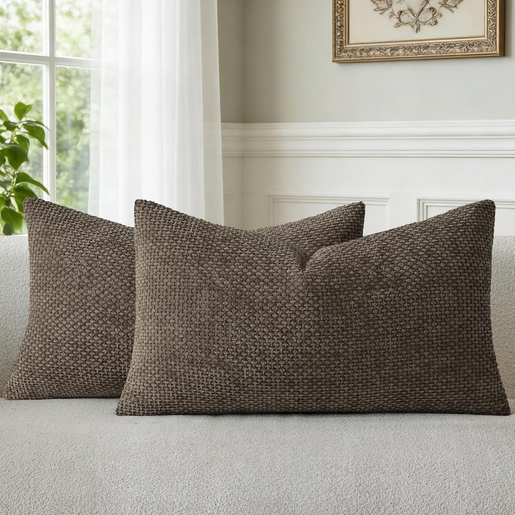 a moment Dark Brown Chenille Throw Pillow Covers 12x20 Inch Pack of 2 Modern Decorative Throw Pillow Covers Farmhouse Cross Covers Home Decor for Sofa Bedroom Living Room