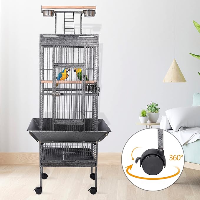 HSM 62 Inch Wrought Iron Large Bird Flight Cage with Rolling Stand for African Grey Parrot Cockatiel Sun Parakeet Conure Lovebird Canary…