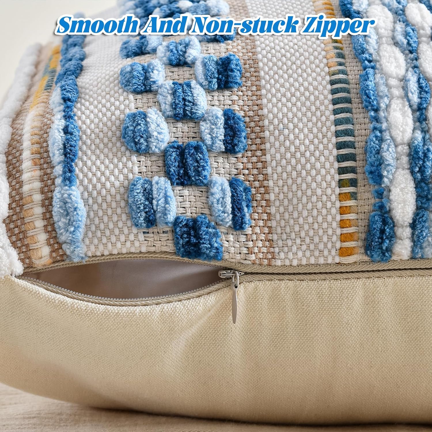 AmHoo Chenille Striped Textured Boho Throw Pillow Covers Aesthetic with Tassels Woven Decorative Pillow Case for Couch Bed Sofa Bedroom Modern Funky 18 x 18-Inch Sky Blue