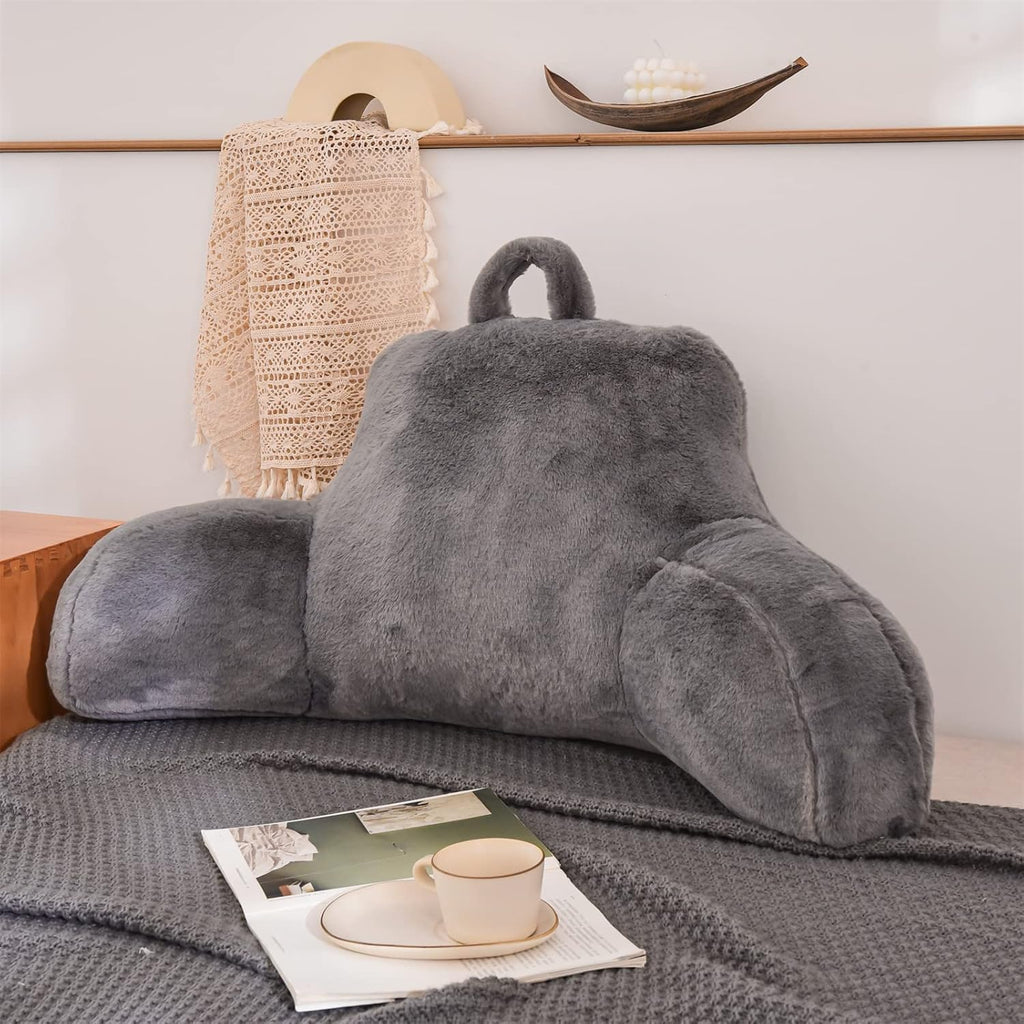 A Nice Night Faux Fur Reading Pillow Bed Wedge Large Adult Children Backrest with Arms Back Support for Sitting Up in Bed/Couch for Bedrest,Gray,Large