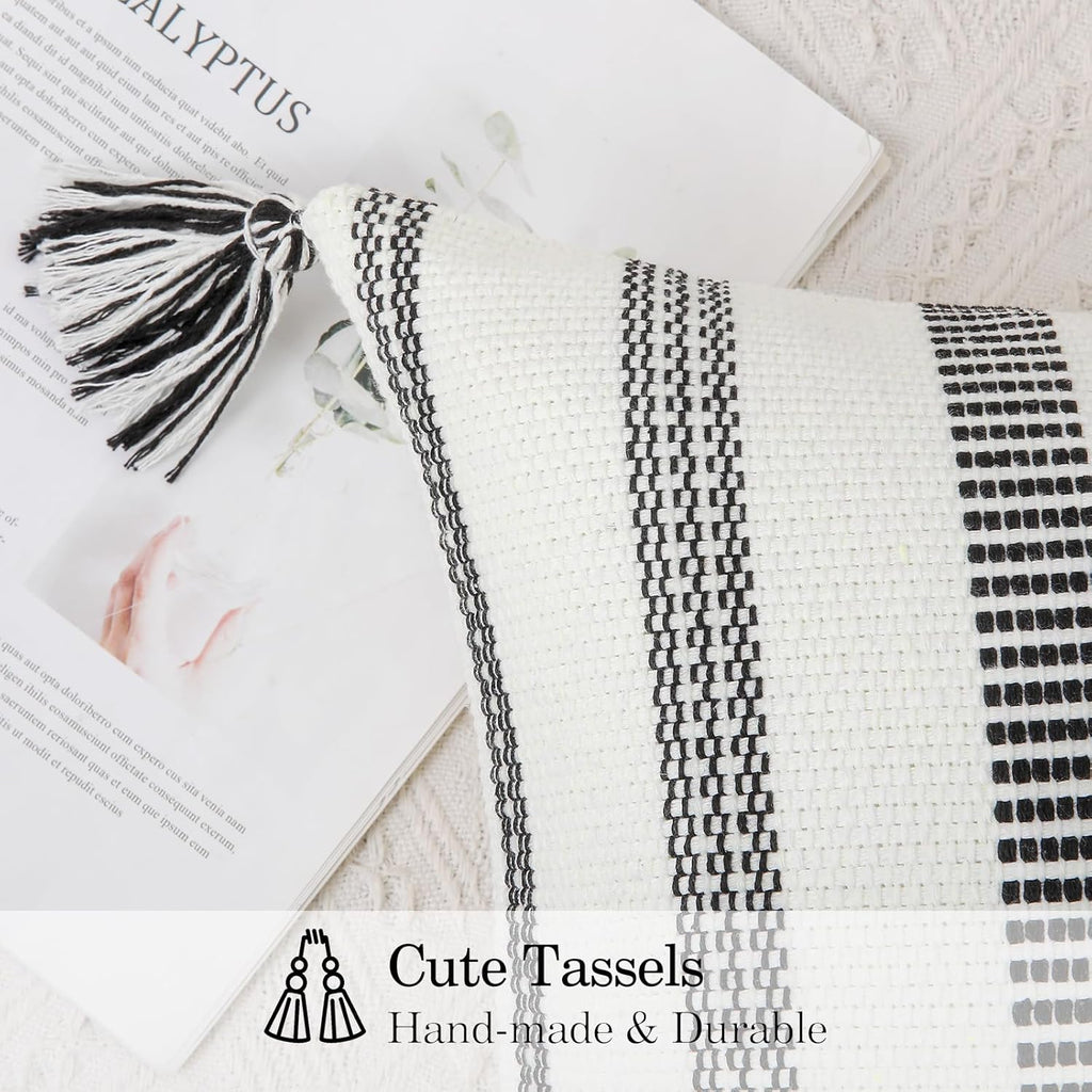 Smile Bee Boho Outdoor Couch Throw Pillow Covers Set of 2, Decorative Lumbar Thick Woven Striped Accent Neutral Pillow Covers with Tassels for Bed Sofa Home Decor, 12x20 Inch, Black and Cream White