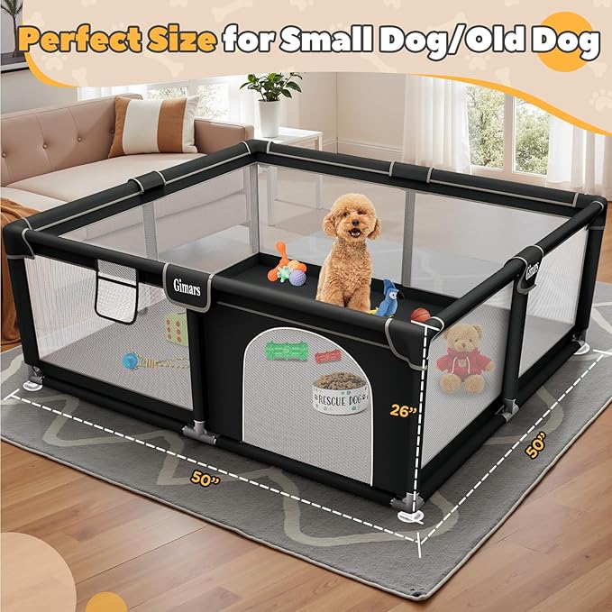 50x50x26 Inches Puppy Playpen with Gate, Dog Playpen for Puppies or Small Dogs, Sturdy Safety Dog Fence Pet Playpen with Thickened Fabric, High-Strength Nylon Wire Mesh for Indoor & Outdoor,Washable