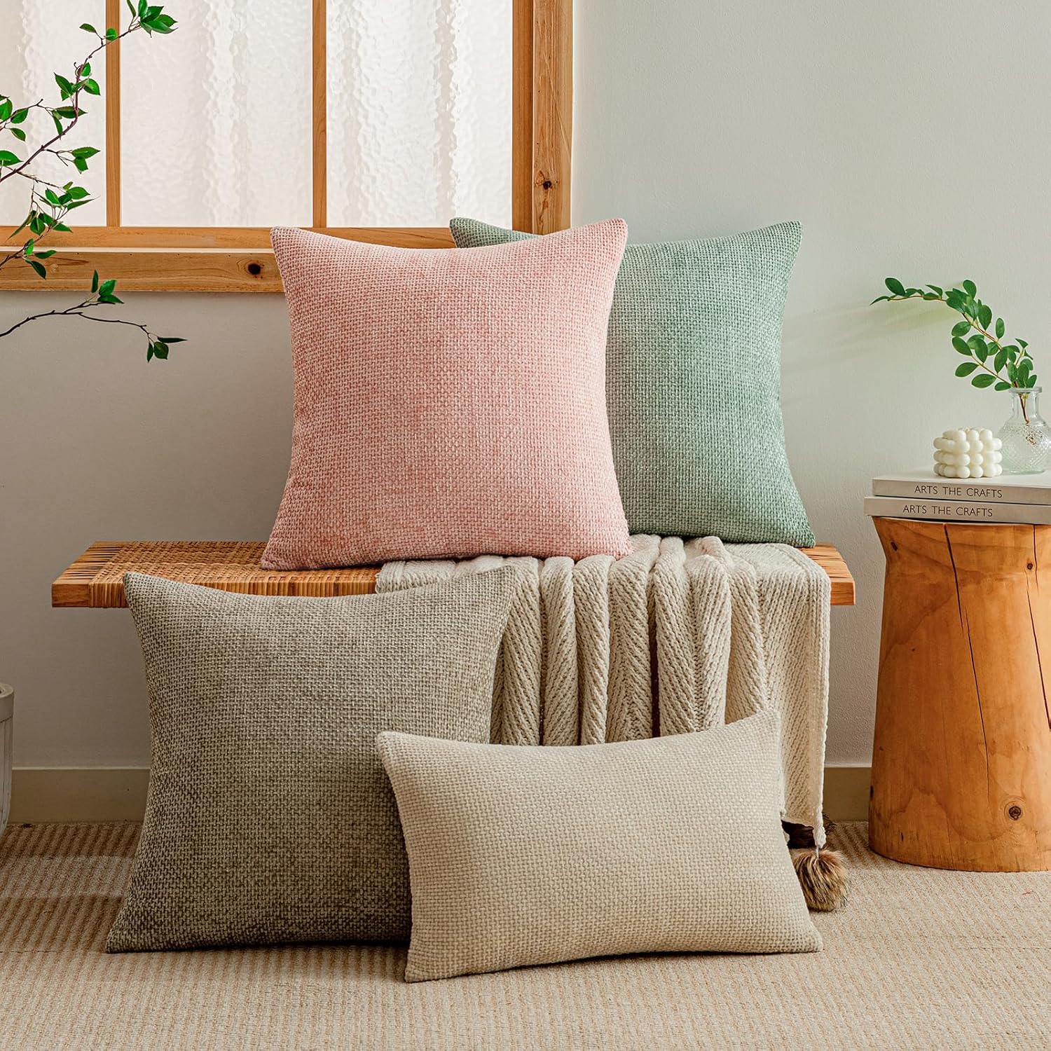 a moment Pink Chenille Throw Pillow Covers 16x16 Inch Pack of 2 Modern Decorative Throw Pillow Covers Farmhouse Cross Covers Home Decor for Sofa Bedroom Living Room