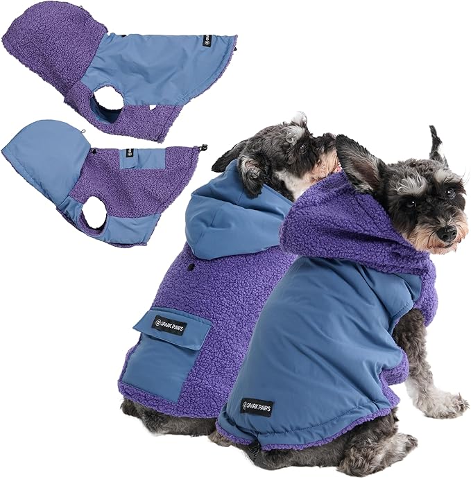 Spark Paws Reversible Dog Sweater, Sherpa Jacket Vest with Warm Fleece Lining, Warm Coat for Winter, Suitable for Small Medium, Large, XL XXL Dogs - Purple and Navy Blue - M