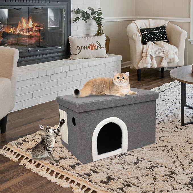 CAROLMADE Cat Beds for Indoor Cats, Collapsible Cat House with Storage Space & Scratch Pad Cat Cave for Small Pet Under 20 Lbs