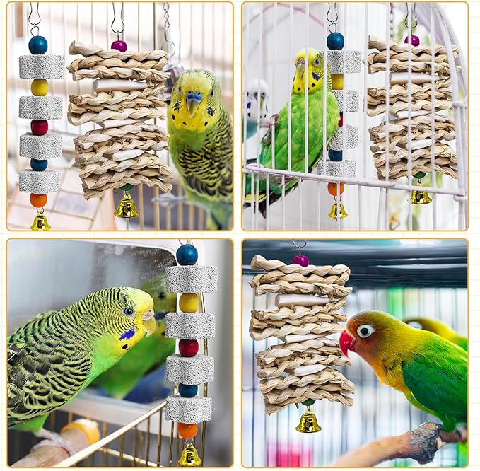 PINVNBY 2 Pack Parrot Toys Chewing Bird Toy Cuttlebone Beak Grinding Stone Cage Hanging Toys with Bell for African Greys Amazon Conure Eclectus Budgies Parakeet Cockatiel Hamster Chinchilla
