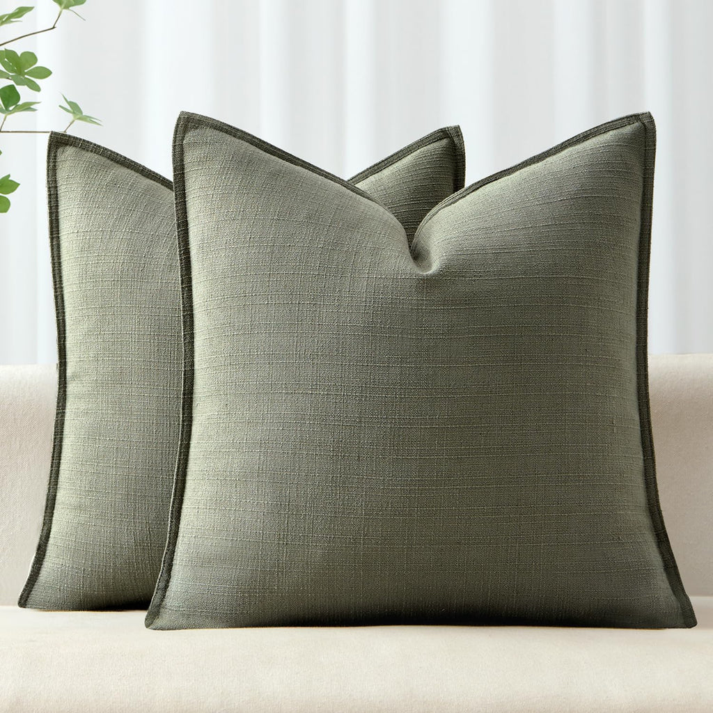 MIULEE Decorative Pillow Covers 22x22, 2 Pack Boho Farmhouse Neutral Throw Pillows for Couch, Thick Textured Modern Linen Cushion Cases Sofa Bed Living Room Home Decor, Olive Green