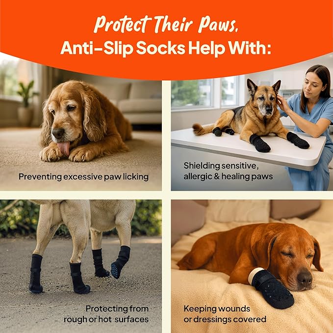 Anti-Slip Dog Socks – Non-Slip Traction Socks for Dogs with Adjustable Straps, Prevents Slipping on Hardwood Floors, Breathable & Washable – 4 Pack (Sizes XS–XXL) (XXL)