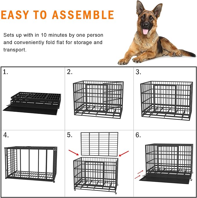 54/48/42/38 inch Heavy Duty Indestructible and Escape-Proof Dog Crate Cage Kennel for Large Dogs, High Anxiety Dog Crate with Removable Wire Trays and Wheels, Extra Large XL XXL, Black