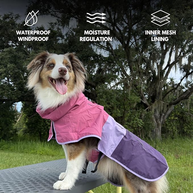 Spark Paws Dog Raincoat, Waterproof Windproof Rain Jacket, for Small Medium Large Extra Large Dogs, Reflective Breathable Full-Body Coverage Dry Suit - Pink Lilac Purple - M