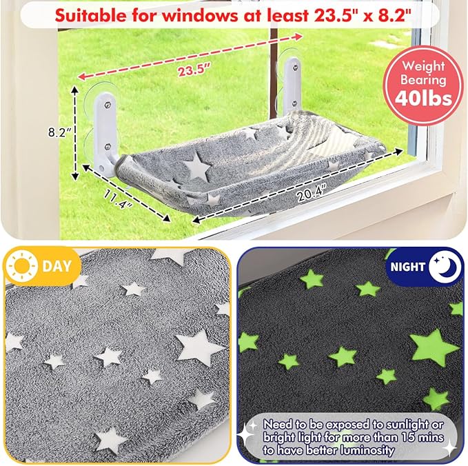 2PC Cat Window Perch, Glow in The Dark Cordless Foldable Pet Hammock Bed for Window with Sturdy Metal Frame, Glowing Stars Pattern Resting Seat for Indoor Cats (2PC Stars - M)