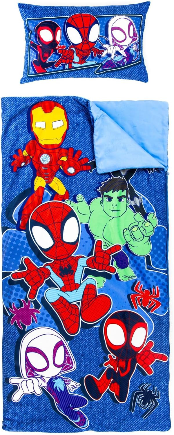 Jay Franco Kids Slumber Bag and Pillow - 54 x 27 Inch Comfy Indoor Sleeping Bag for School and Sleepovers, 2 Piece Set, Blue - Spidey & His Amazing Friends