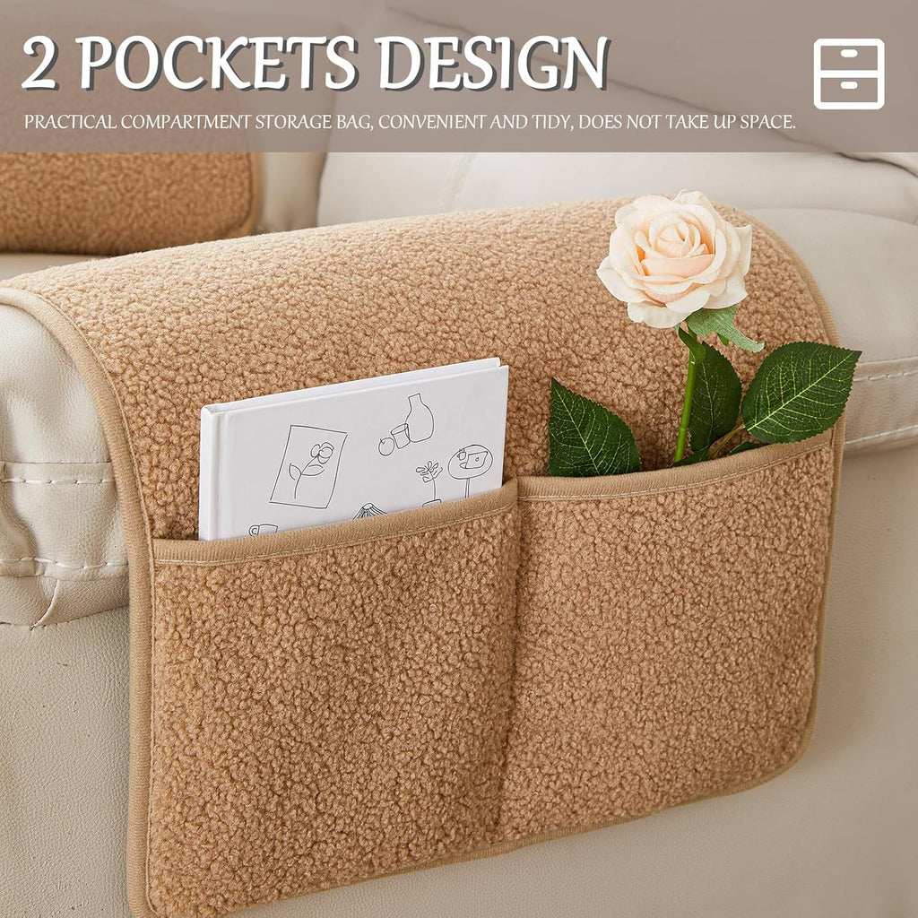 Armrest Cover, Recliner Chair Protector, Furniture Protector Slip, Side Storage Pocket, Stretch Armchair Couch Arm Rest Cover for Recliner, Chair, Sofa (Camel,2 Seater(4pcs))