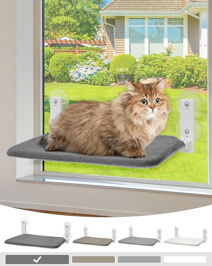 keny Cordless Foldable Cat Window Perch, Reversible Cover with Two Different Kinds of Fabrics, Dark Grey
