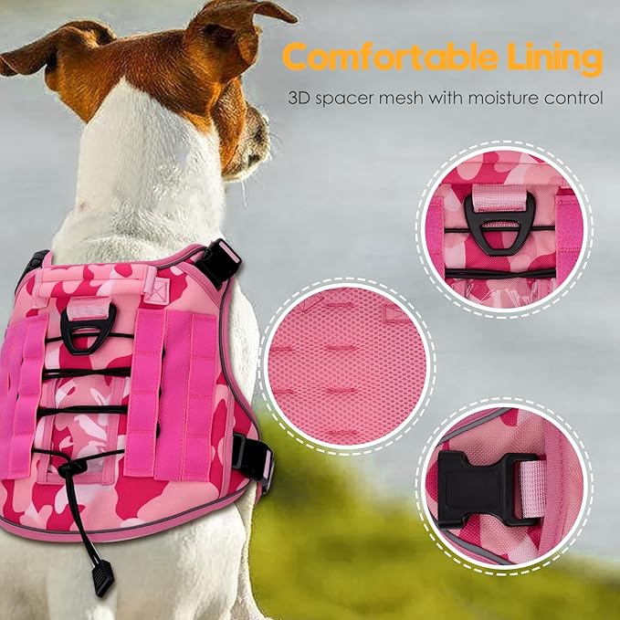 Heavy-Duty Tactical Dog Harness for Large Dogs, No Pull Adjustable Reflective Pet Vest with Molle System, K9 Military-Grade Control for Service Training, Outdoor & 10+ Breeds, Pink Camo, Large