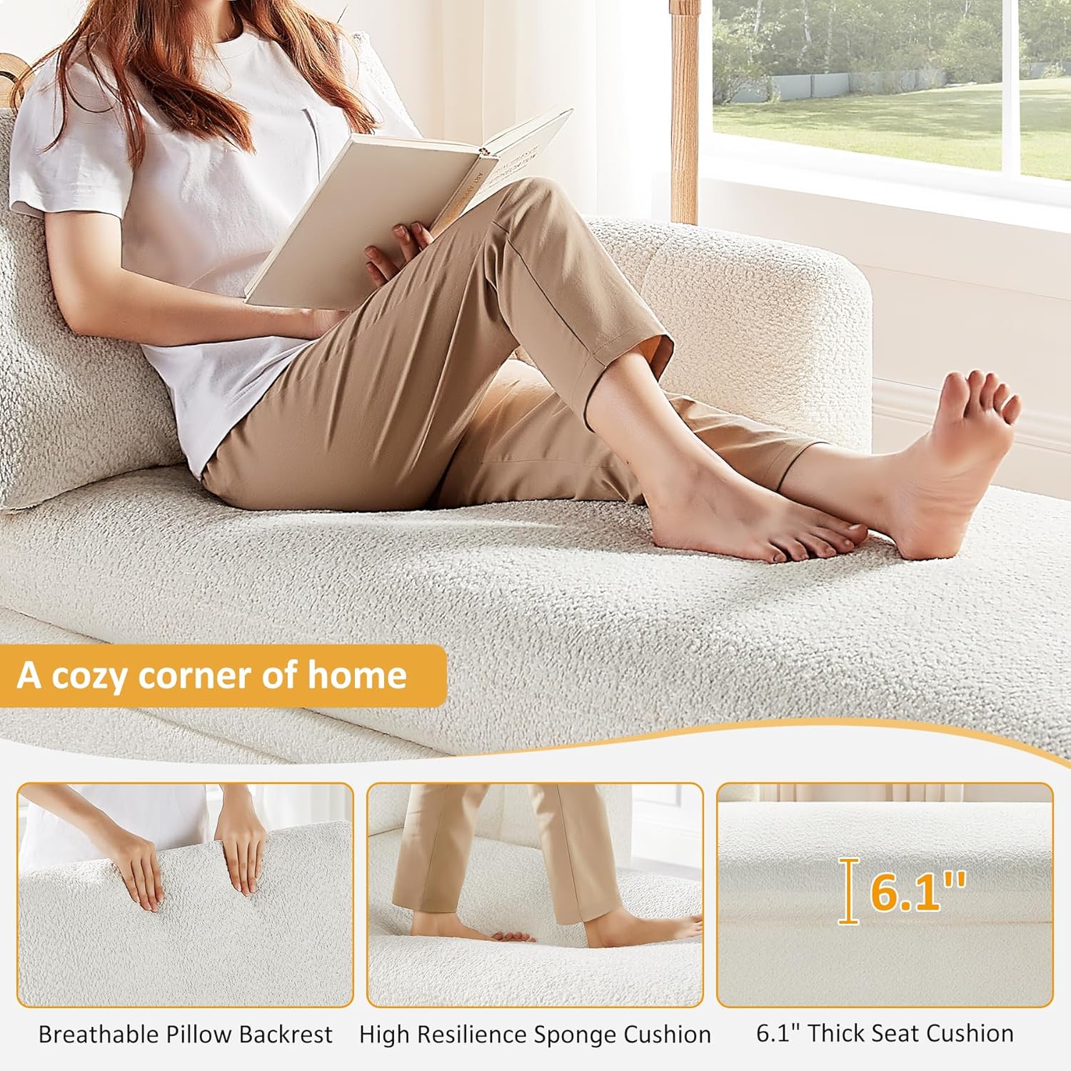 VANOMi Oversized 70.47'' Chaise Lounge Chair Indoor with Storage Space, Modern Upholstered Sofa Bed with Thick Cushion and Left Armrest, Boucle Leisure Recliner for Living Room, Bedroom, Office, White